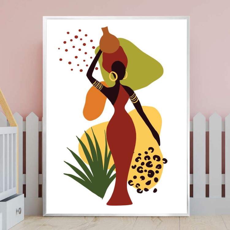 Quadro decorativo - Estilo Africano Mulher Carregando Bacia na Cabea com Detalhes Minimalistas
