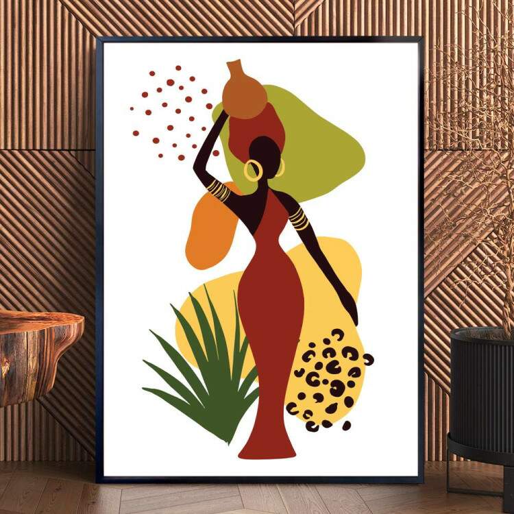 Quadro decorativo - Estilo Africano Mulher Carregando Bacia na Cabea com Detalhes Minimalistas