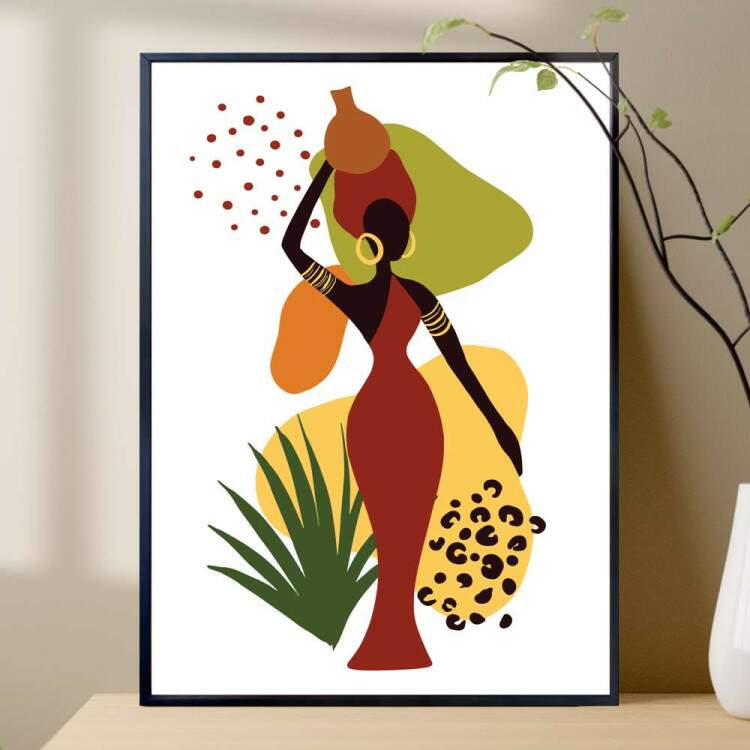 Quadro decorativo - Estilo Africano Mulher Carregando Bacia na Cabea com Detalhes Minimalistas