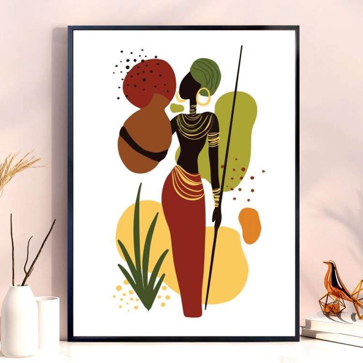 Quadro decorativo - Estilo Africano Mulher com Acessrios e Detalhes Minimalistas