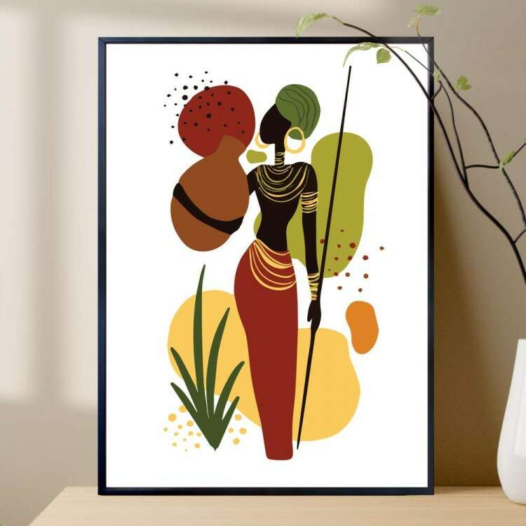 Quadro decorativo - Estilo Africano Mulher com Acessrios e Detalhes Minimalistas