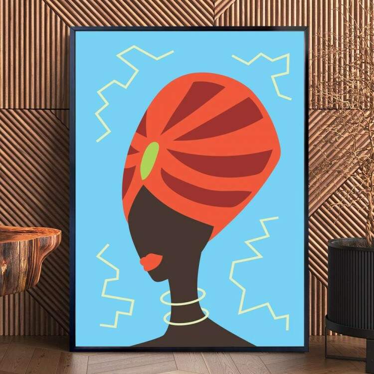 Quadro decorativo - Estilo Africano Mulher com Turbante Fundo Azul