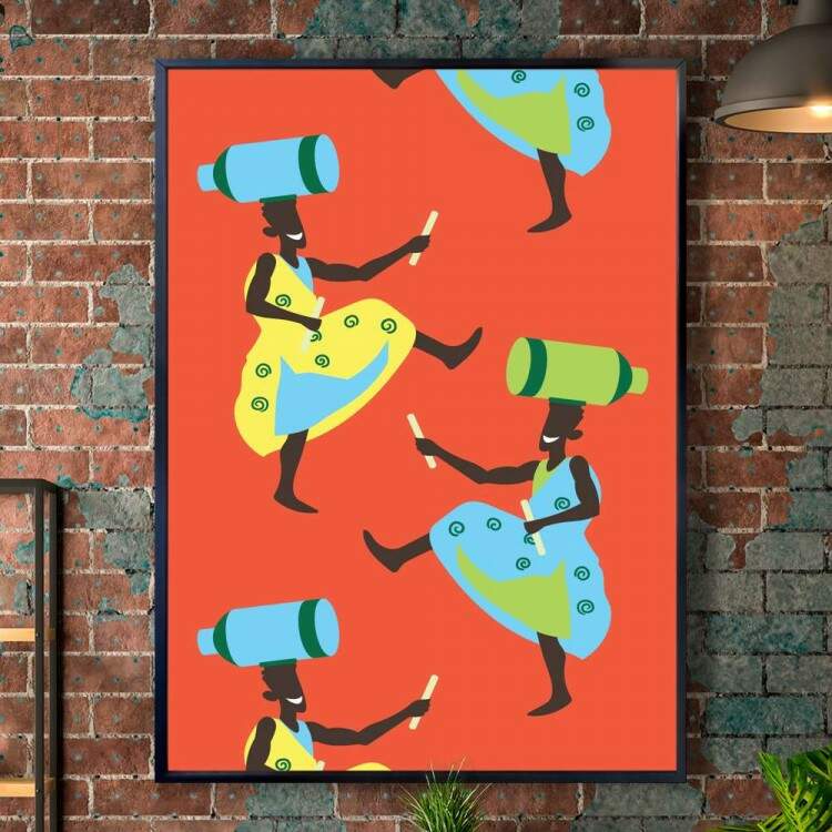 Quadro decorativo - Estilo Africano Mulheres de Vestido com Fundo Laranja