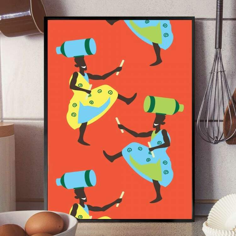 Quadro decorativo - Estilo Africano Mulheres de Vestido com Fundo Laranja