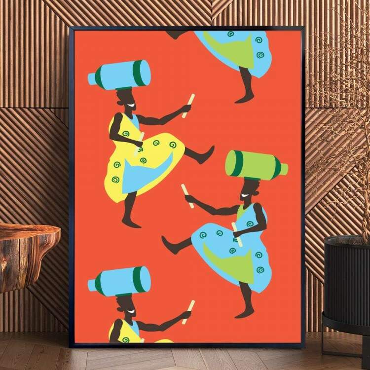 Quadro decorativo - Estilo Africano Mulheres de Vestido com Fundo Laranja