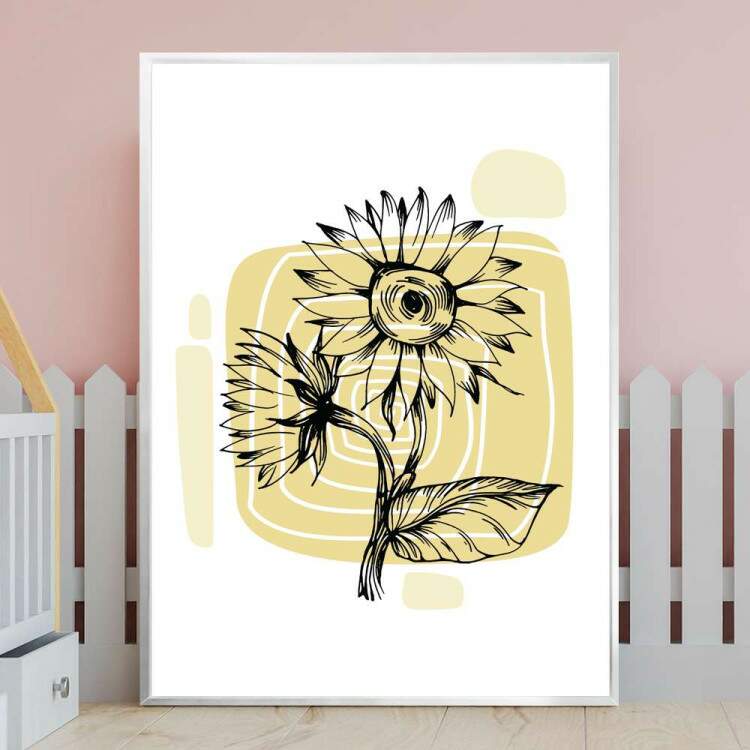 Quadro decorativo - Floral Desenho de Girassol com Detalhe Amarelo