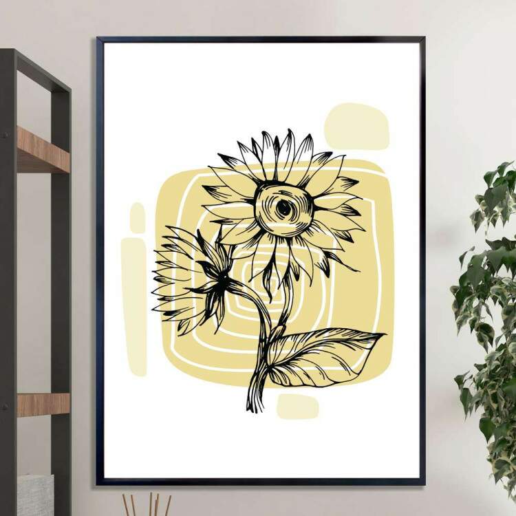 Quadro decorativo - Floral Desenho de Girassol com Detalhe Amarelo