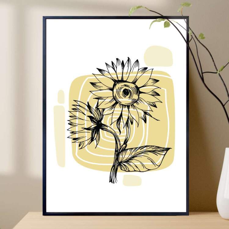 Quadro decorativo - Floral Desenho de Girassol com Detalhe Amarelo