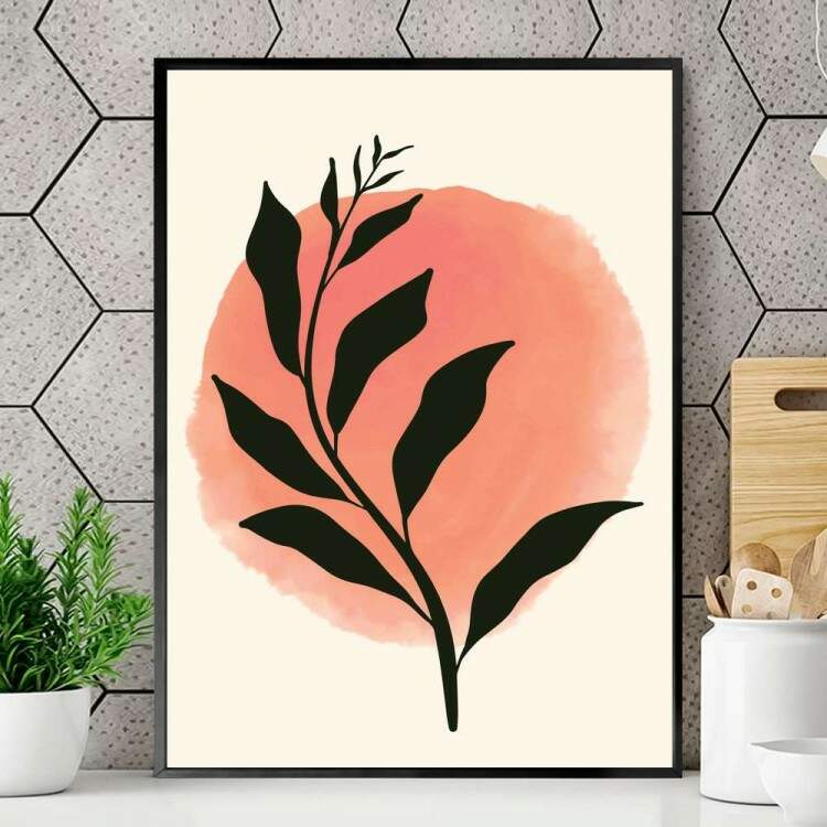 Quadro decorativo - Floral Estilo Contemporneo Planta Preta com Pintura no Fundo