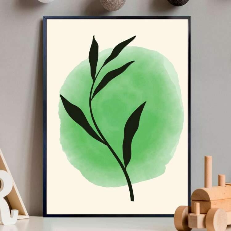 Quadro decorativo - Floral Estilo Contemporneo Planta Preta com Pintura Verde no Fundo