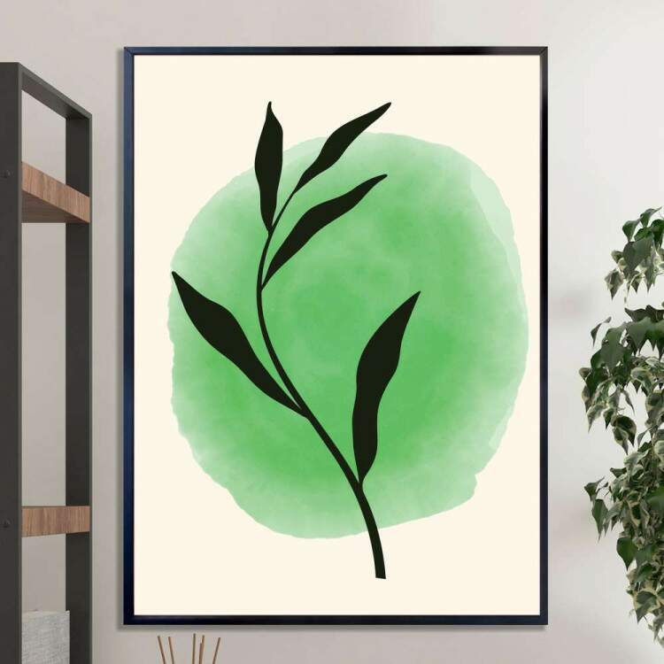 Quadro decorativo - Floral Estilo Contemporneo Planta Preta com Pintura Verde no Fundo