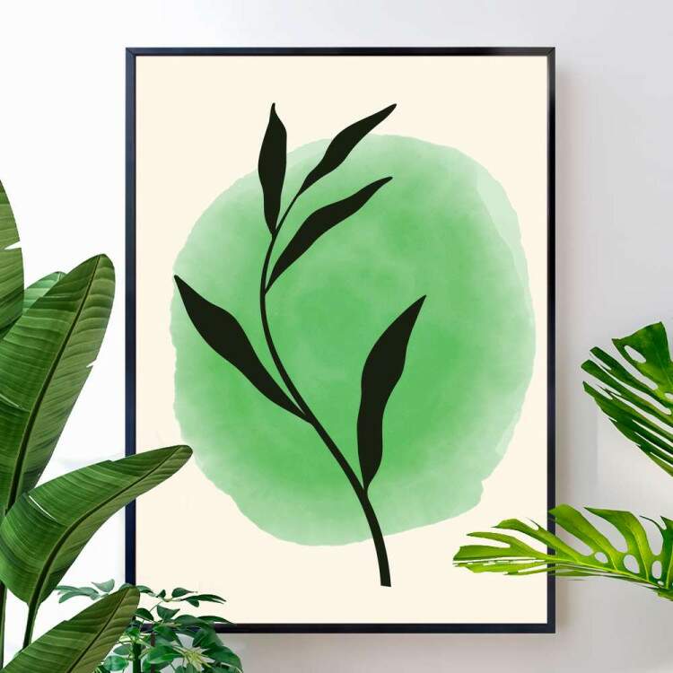 Quadro decorativo - Floral Estilo Contemporneo Planta Preta com Pintura Verde no Fundo