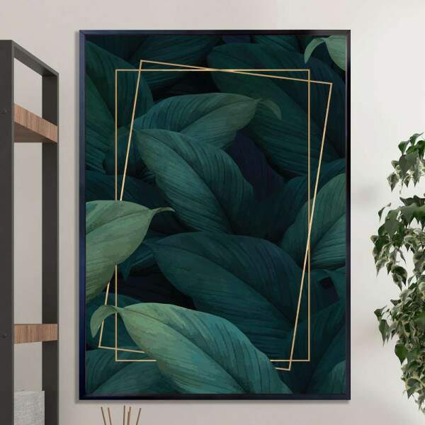 Quadro decorativo - Floral Folha Verde-gua com Detalhe Dourado