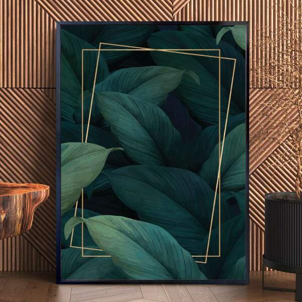 Quadro decorativo - Floral Folha Verde-gua com Detalhe Dourado