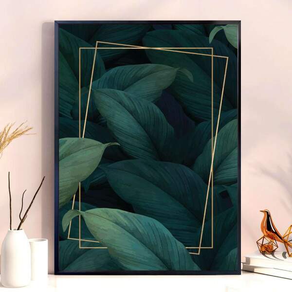 Quadro decorativo - Floral Folha Verde-gua com Detalhe Dourado