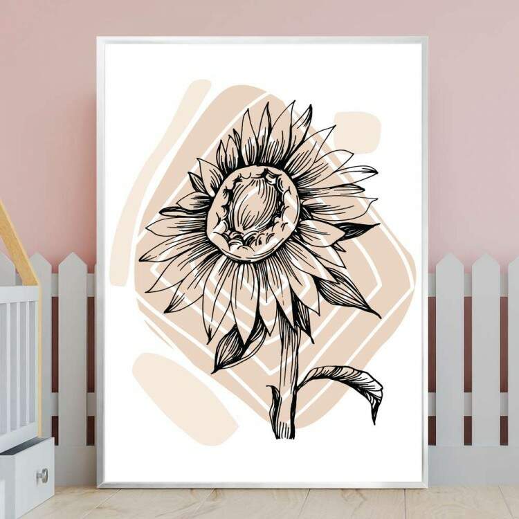 Quadro decorativo - Floral Girassol Desenhado com Detalhe Bege