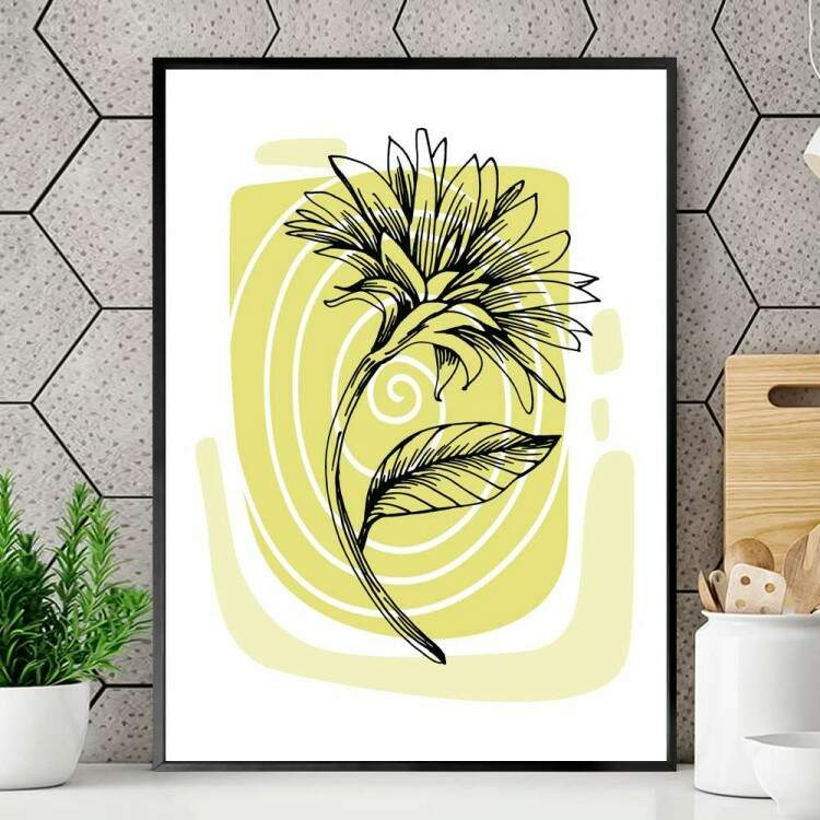 Quadro decorativo - Floral Planta Desenhada Fundo Amarelo
