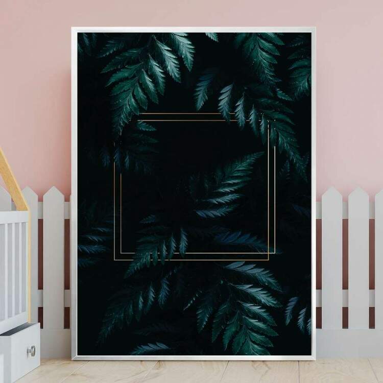 Quadro decorativo - Floral Plantas com Fundo Obscuro e Detalhe Dourado