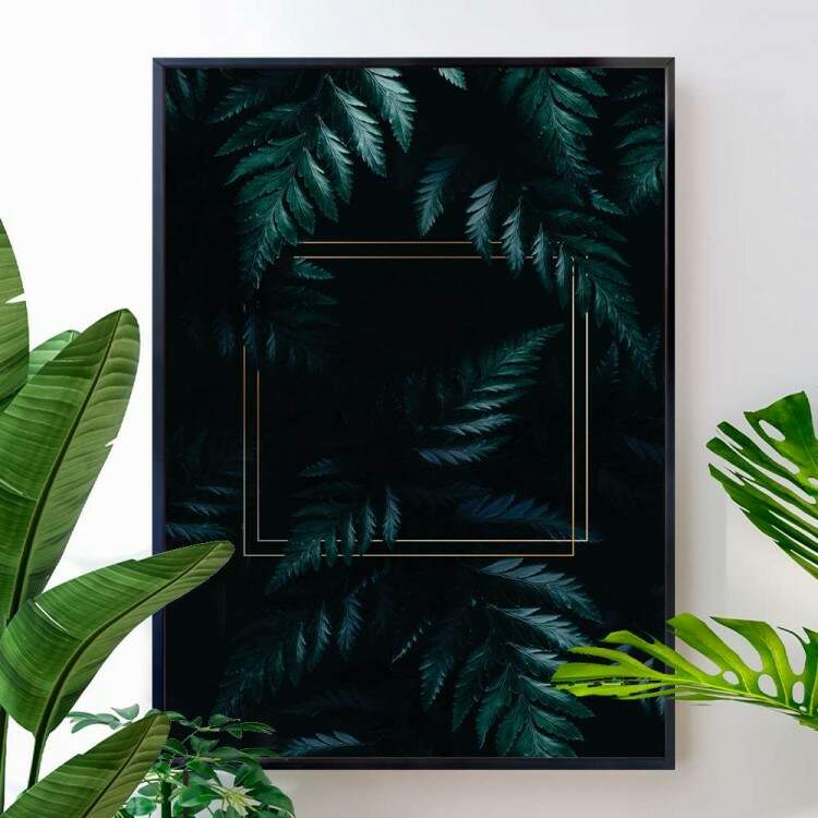 Quadro decorativo - Floral Plantas com Fundo Obscuro e Detalhe Dourado