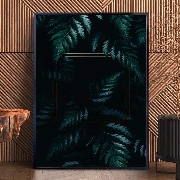 Quadro decorativo - Floral Plantas com Fundo Obscuro e Detalhe Dourado