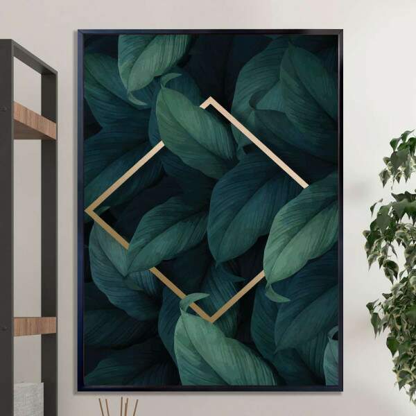 Quadro decorativo - Folha Verde-gua com Forma Geomtrica Dourada