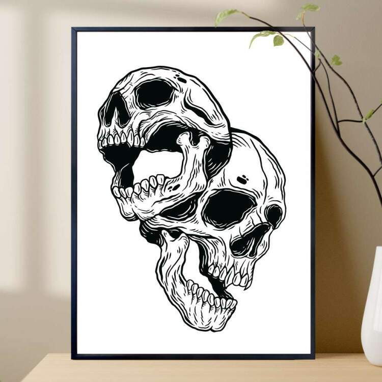 Quadro decorativo - Duas Caveiras Desenhadas Fundo Branco
