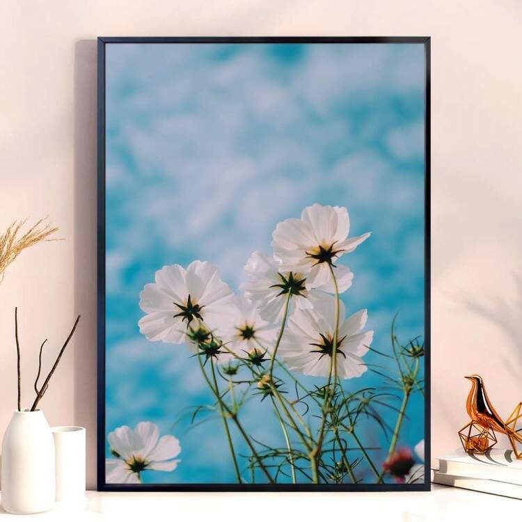 Quadro Decorativo - Floral Flores Brancas Fundo Cu Azul