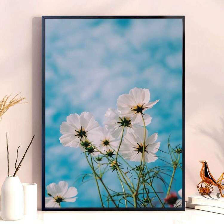 Quadro decorativo - Floral Flores Brancas Fundo Cu Azul