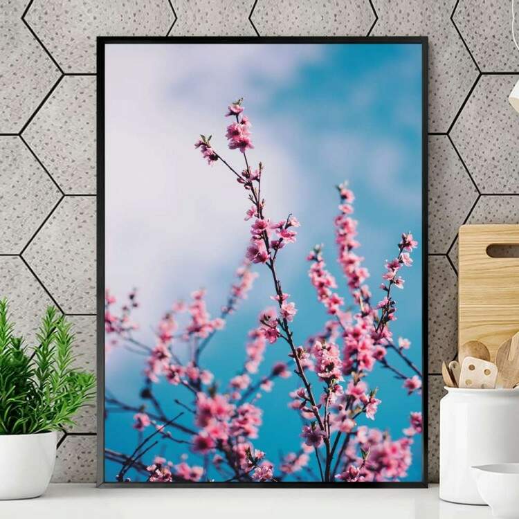 Quadro decorativo - Floral Flores Rosas com Fundo Azul Embaado