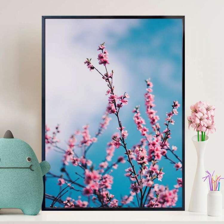 Quadro decorativo - Floral Flores Rosas com Fundo Azul Embaado