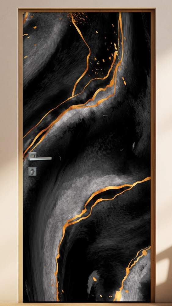 Adesivo para Porta Marmore Preto e Amarelo Ouro