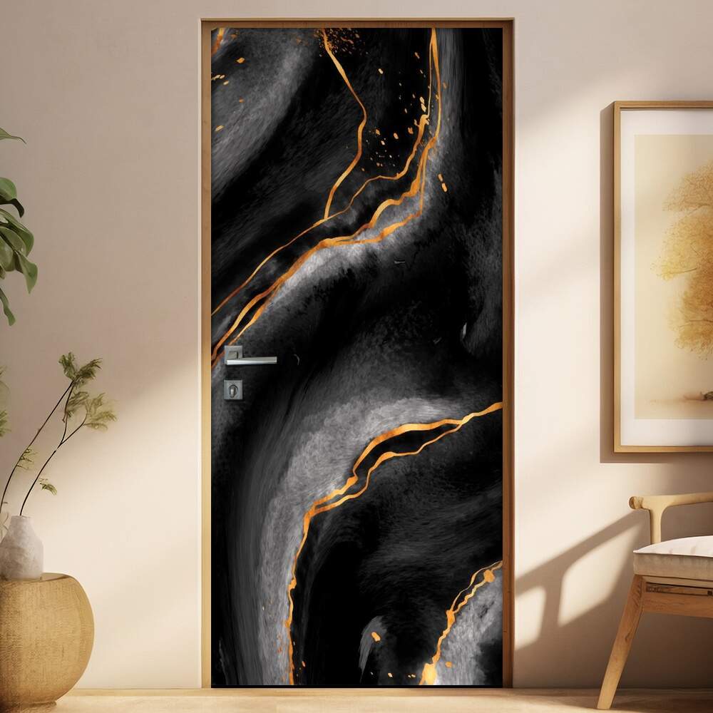 Adesivo para Porta Marmore Preto e Amarelo Ouro