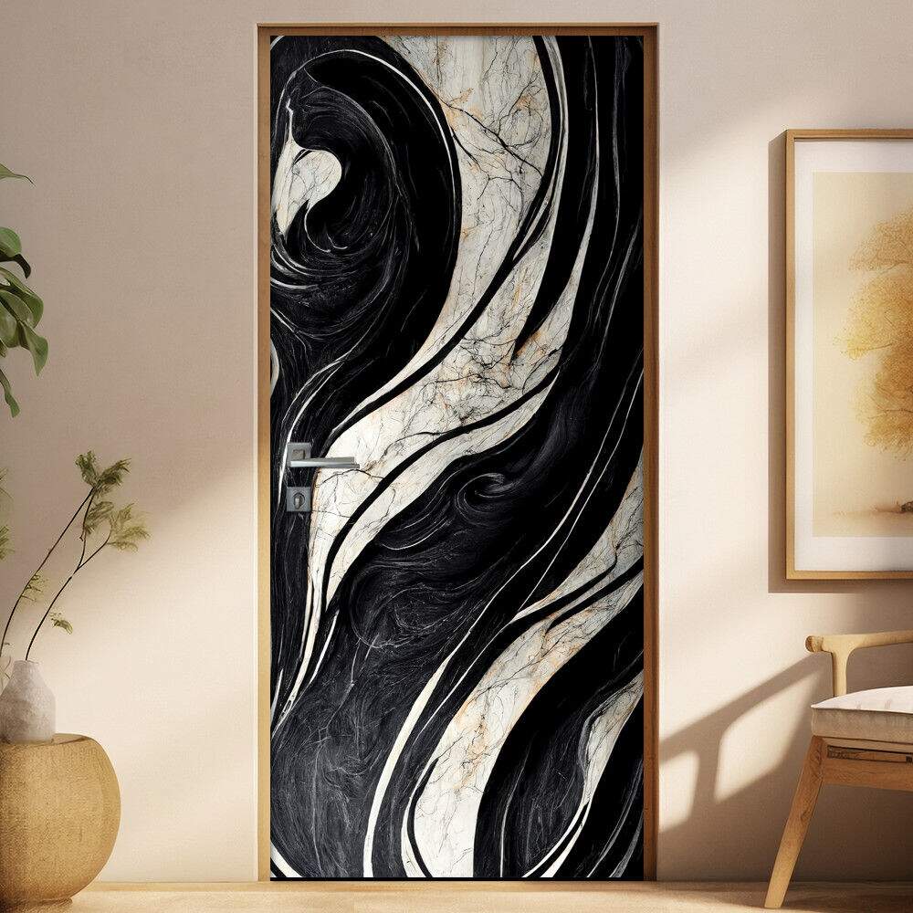 Adesivo para Porta Marmore Preto e Branco Geomtrico