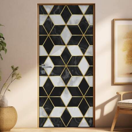 Adesivo para Porta Marmore Preto e Branco Geomtrico