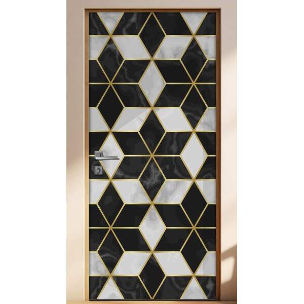 Adesivo para Porta Marmore Preto e Branco Geomtrico