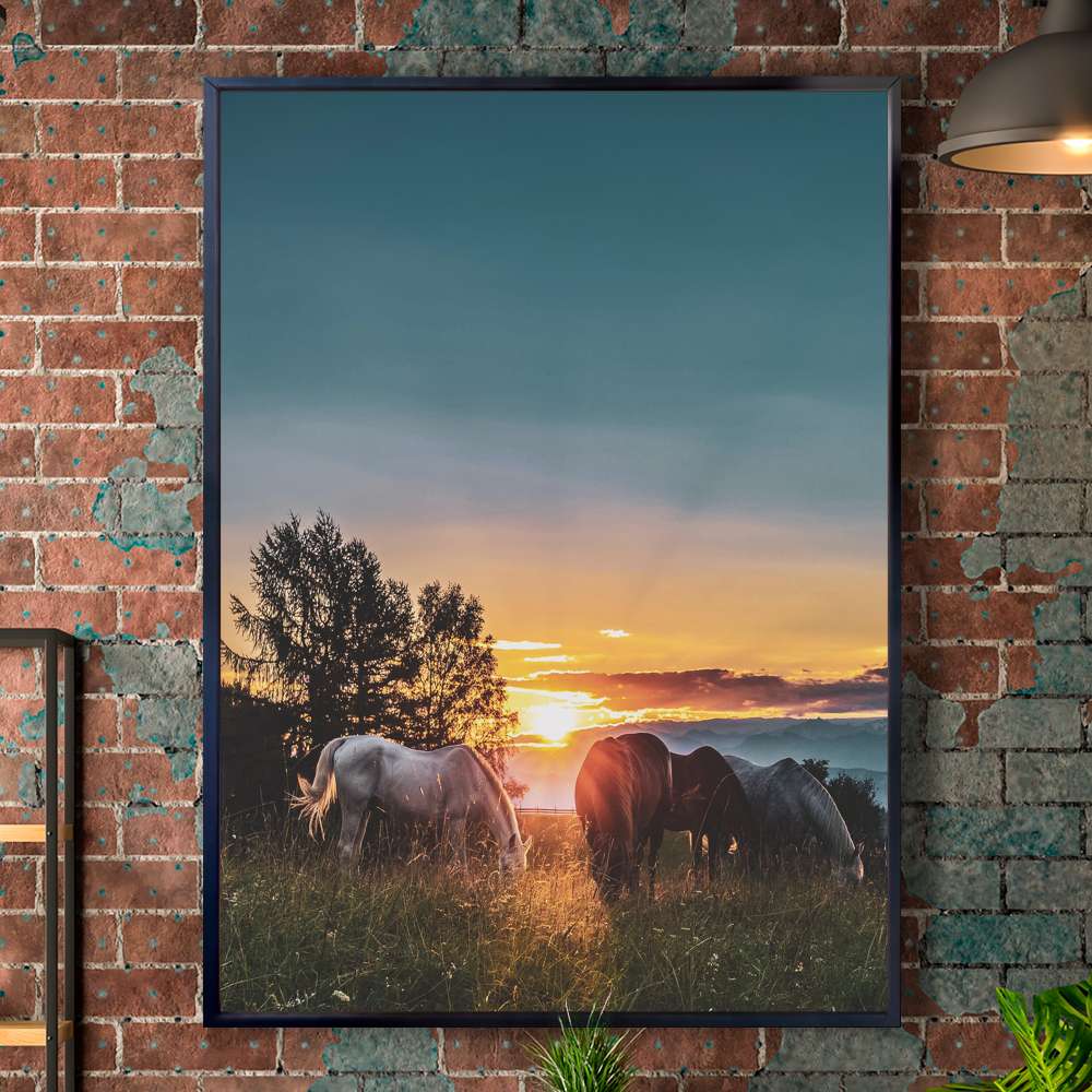 Quadro Decorativo Cavalos e Paisagem Ao Por Do Sol