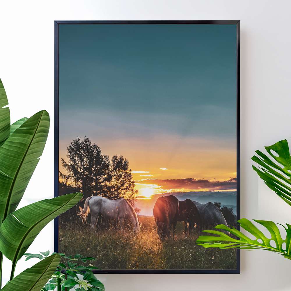 Quadro Decorativo Cavalos e Paisagem Ao Por Do Sol