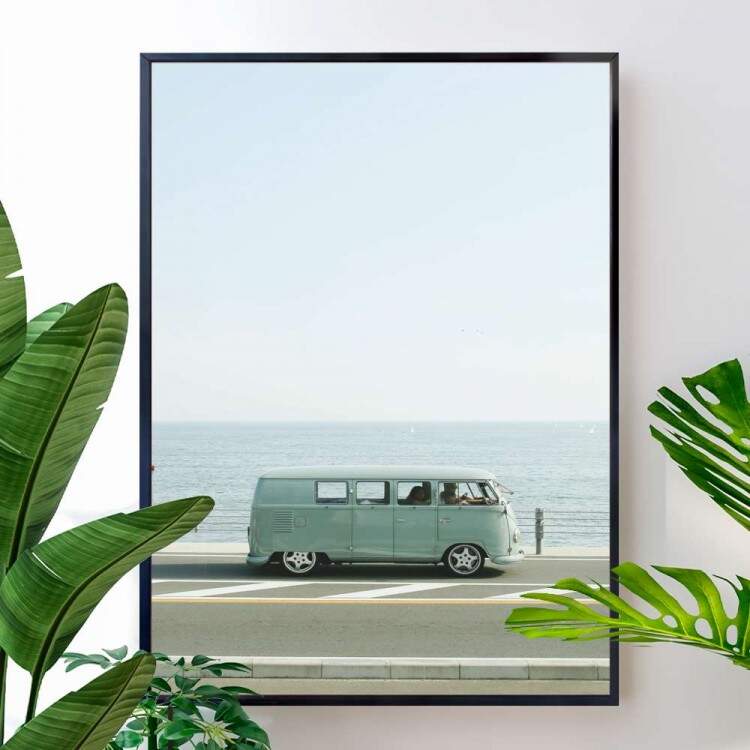 Quadro Decorativo Kombi Verde Em Frente A Praia