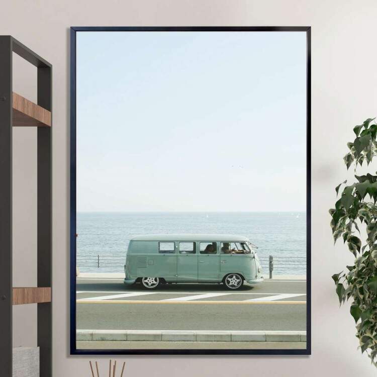 Quadro Decorativo Kombi Verde Em Frente A Praia