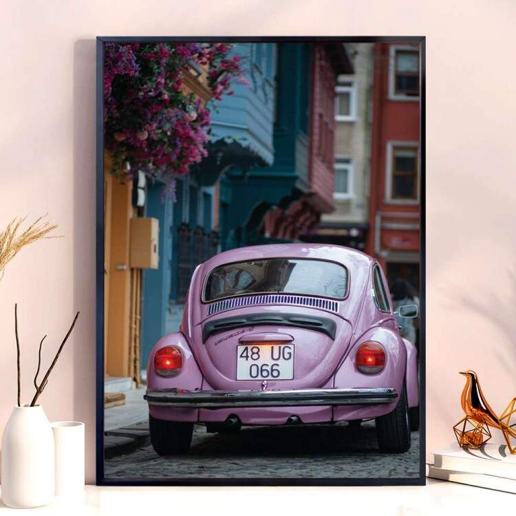 Quadro Decorativo Fusca Roxo Andando Na Cidade