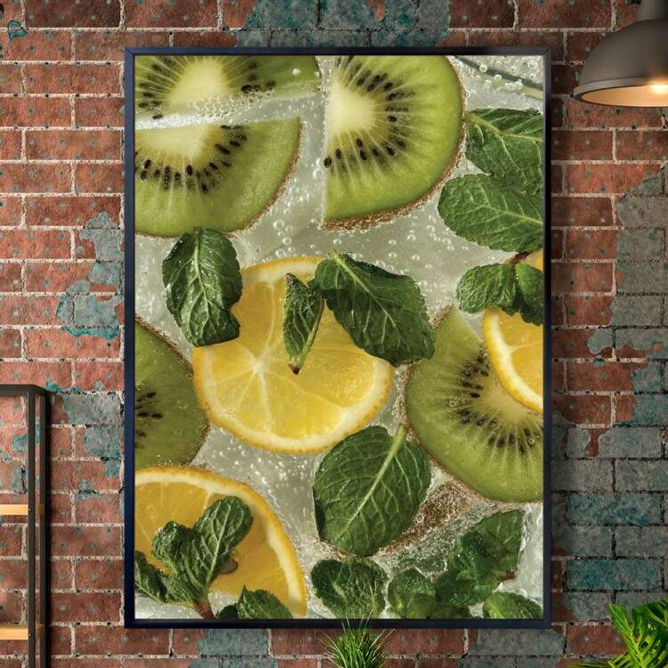 Quadro Decorativo Frutas Kiwi, Laranja E Folhas De Hortel