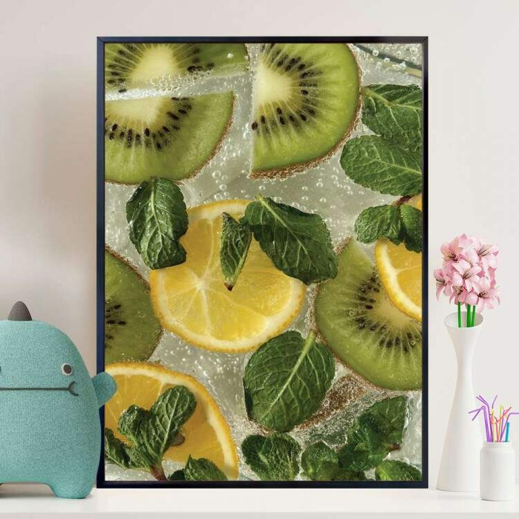 Quadro Decorativo Frutas Kiwi, Laranja E Folhas De Hortel