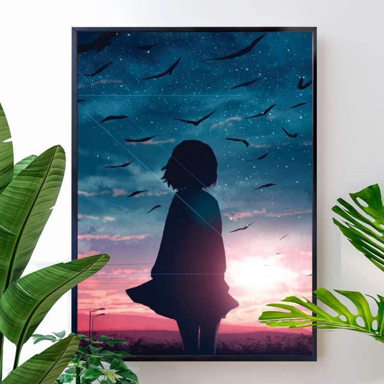 Quadro Decorativo Menina Olhando Para O Cu E Gaivotas Anime