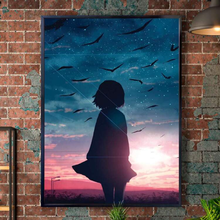 Quadro Decorativo Menina Olhando Para O Cu E Gaivotas Anime