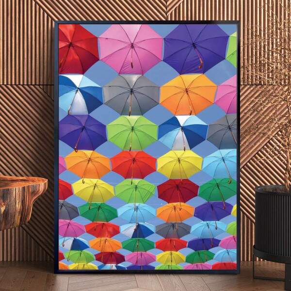 Quadro Decorativo Guardas Chuvas Coloridos Flutuando No Cu