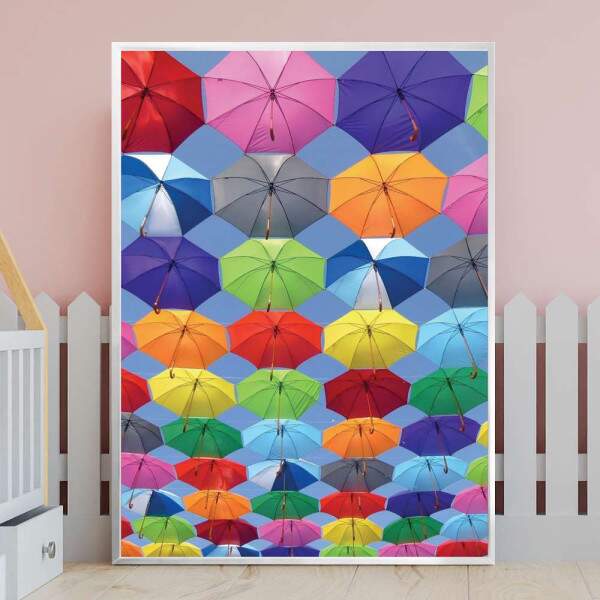 Quadro Decorativo Guardas Chuvas Coloridos Flutuando No Cu