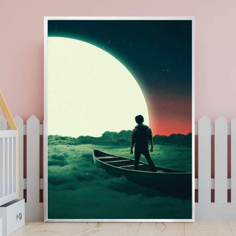 Quadro Decorativo Menino Em P Na Canoa Em Frente A Lua