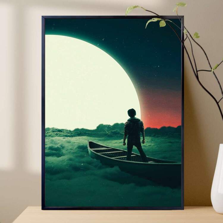 Quadro Decorativo Menino Em P Na Canoa Em Frente A Lua