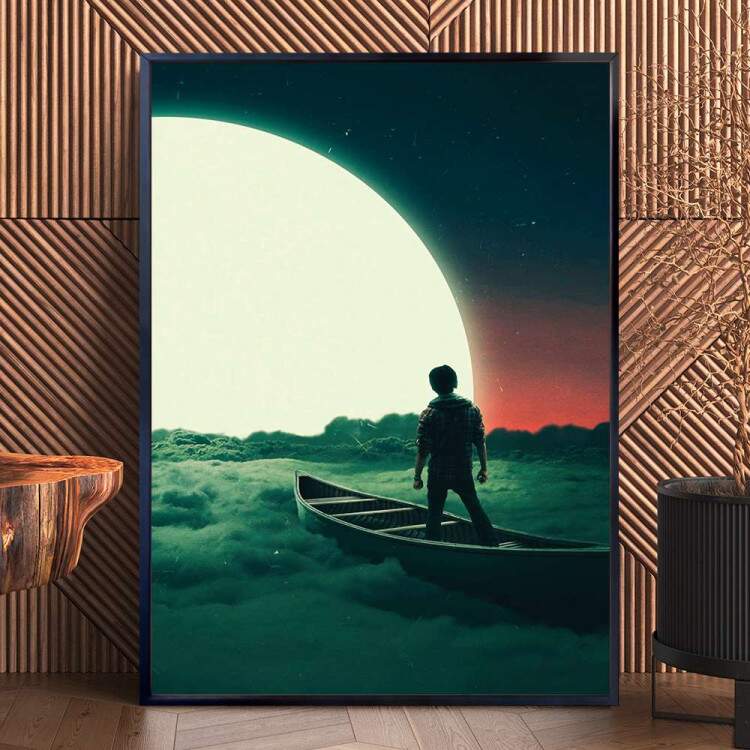 Quadro Decorativo Menino Em P Na Canoa Em Frente A Lua