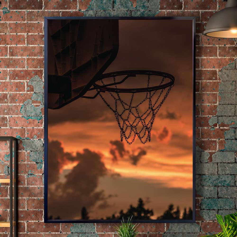 Quadro Decorativo Cesta De Basquete Com Ceu Laranja No Fundo